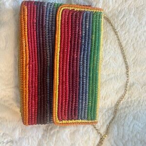 Handwoven Multicolor Straw Clutch with Gold Chain Strap